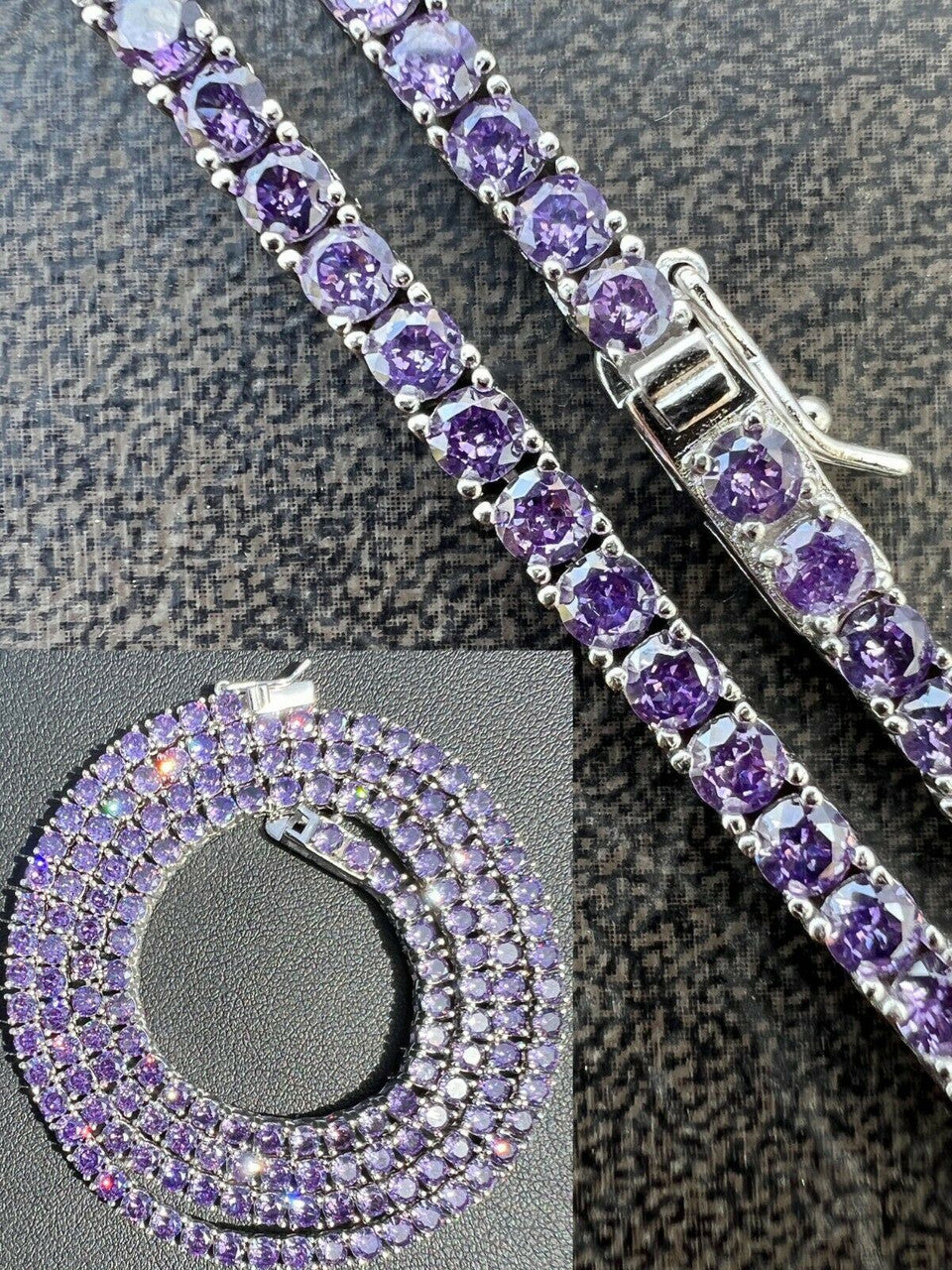 Tennis Chain Necklace Iced Out Purple CZ Stones - 925 Silver - 3mm - 16"-28"
