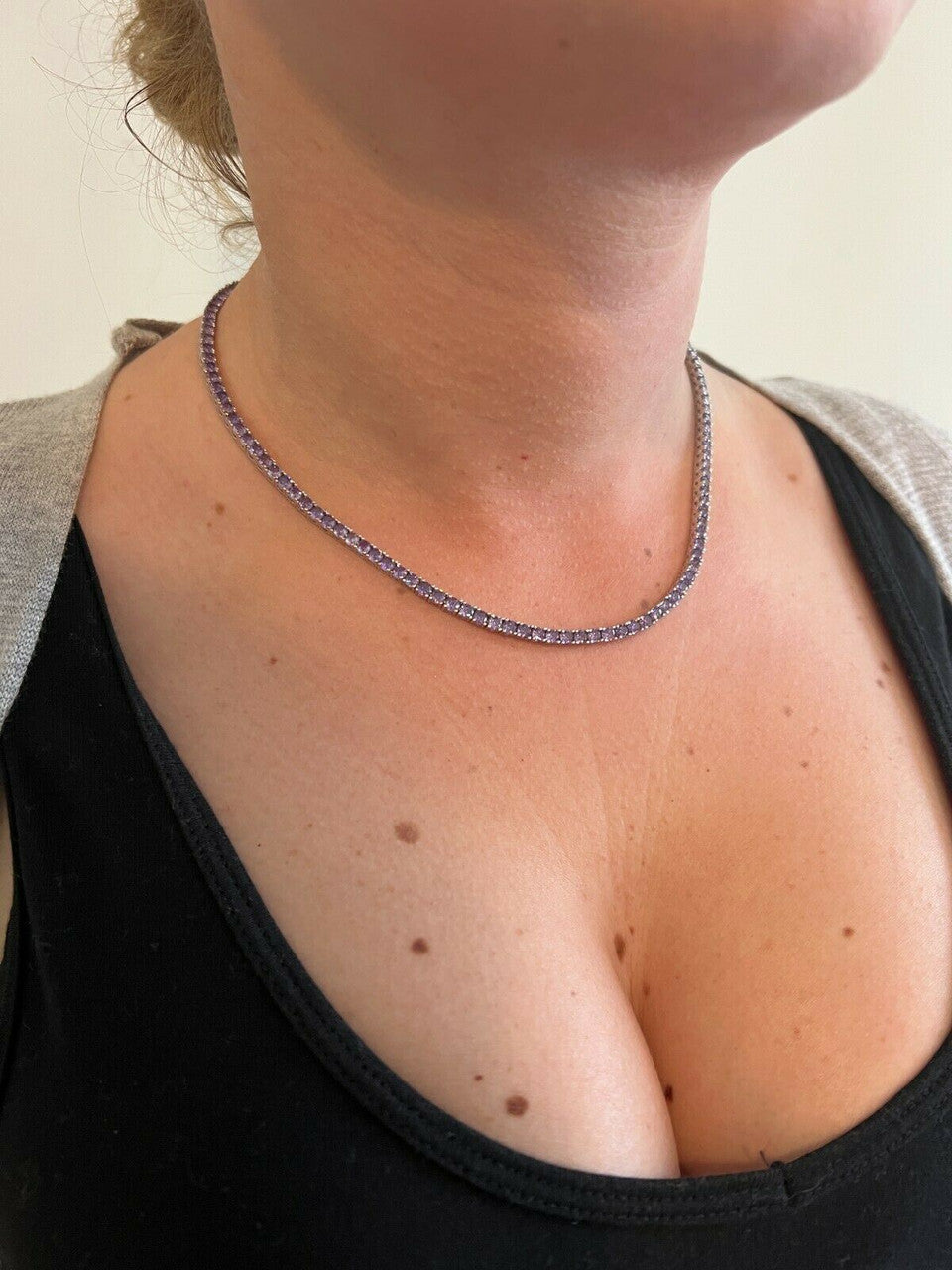 Tennis Chain Necklace Iced Out Purple CZ Stones - 925 Silver - 3mm - 16"-28"