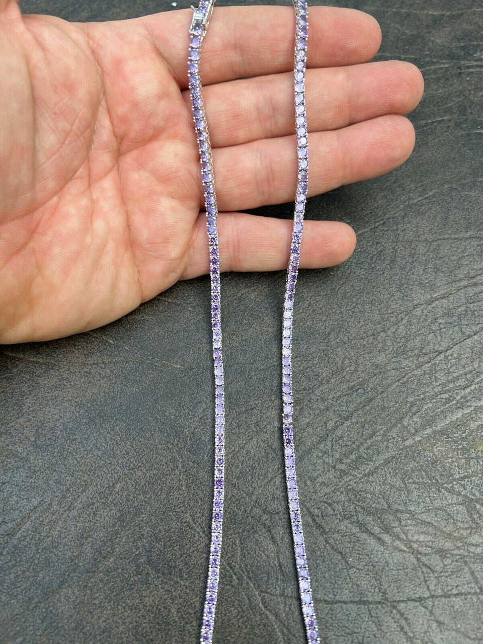 Tennis Chain Necklace Iced Out Purple CZ Stones - 925 Silver - 3mm - 16"-28"