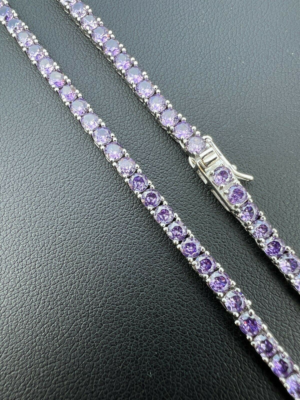 Tennis Chain Necklace Iced Out Purple CZ Stones - 925 Silver - 3mm - 16"-28"