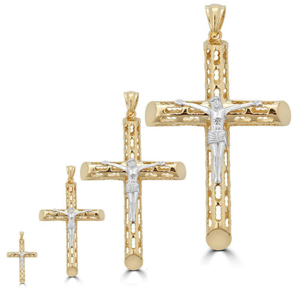 14k Gold Over Real Solid 925 Silver Cross Jesus Piece 4 Sizes Mens Ladies ITALY