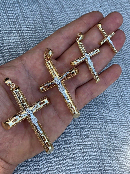 14k Gold Over Real Solid 925 Silver Cross Jesus Piece 4 Sizes Mens Ladies ITALY