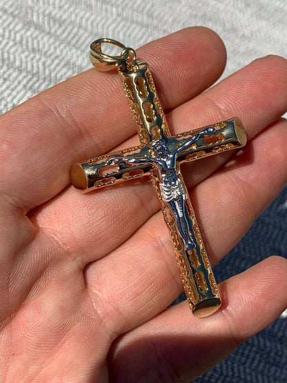 14k Gold Over Real Solid 925 Silver Cross Jesus Piece 4 Sizes Mens Ladies ITALY