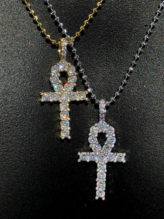 4ct Man Diamonds Ankh Cross Tennis Solid 925 Sterling Silver 14k Gold / Rhodium