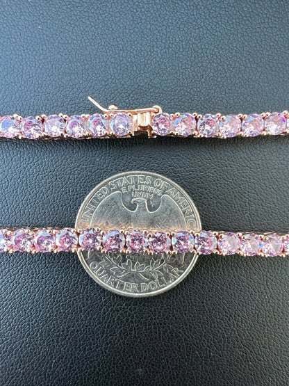 Tennis Chain Necklace Iced Out Pink CZ Stones - 14k Rose Gold Vermeil 925 Silver - 4mm - 16"-28"