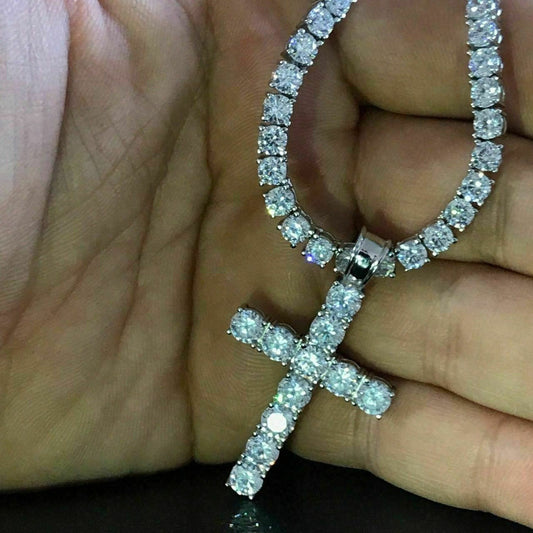 4mm Single Row Tennis Chain W. Cross Solid 925 Sterling Silver 80ct Man Made Diamond