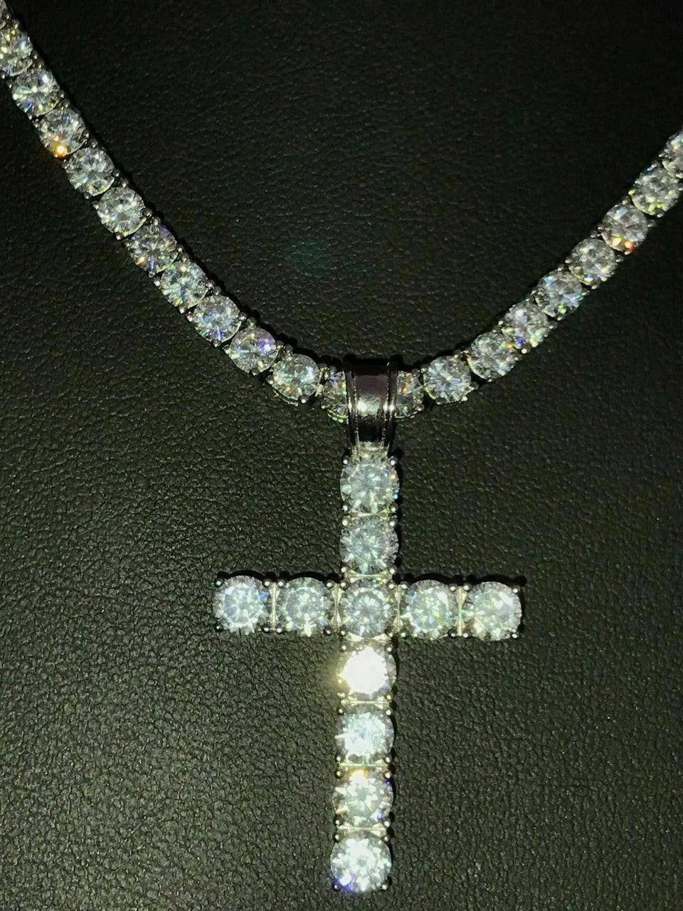 4mm Single Row Tennis Chain W. Cross Solid 925 Sterling Silver 80ct Man Made Diamond