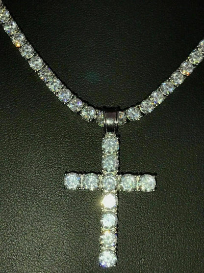 4mm Single Row Tennis Chain W. Cross Solid 925 Sterling Silver 80ct Man Made Diamond