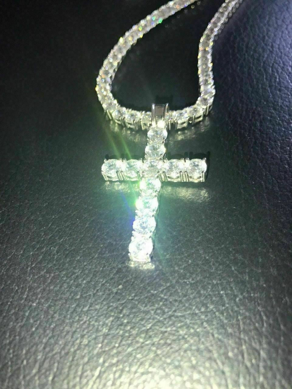 4mm Single Row Tennis Chain W. Cross Solid 925 Sterling Silver 80ct Man Made Diamond