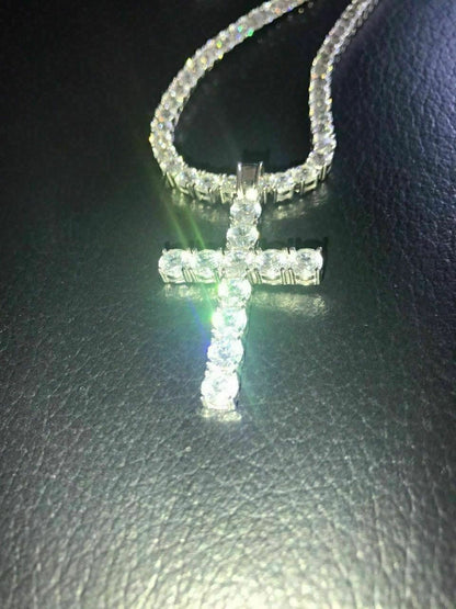 4mm Single Row Tennis Chain W. Cross Solid 925 Sterling Silver 80ct Man Made Diamond