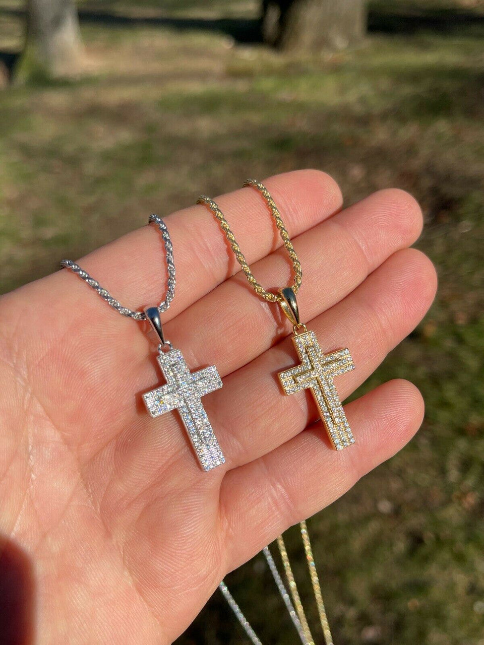 925 Sterling Silver Cross Pendant Necklace Iced MOISSANITE Passes Diamond Tester