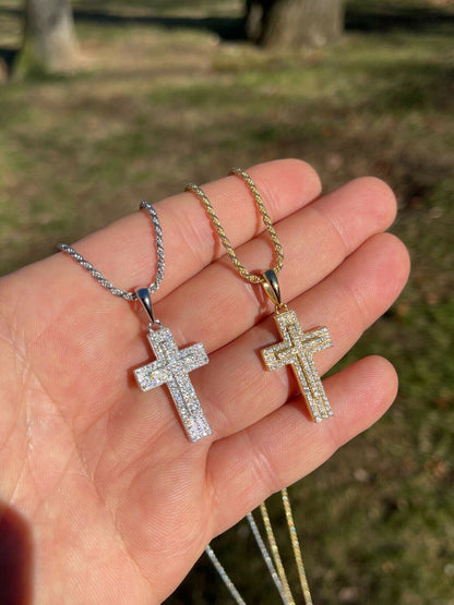925 Sterling Silver Cross Pendant Necklace Iced MOISSANITE Passes Diamond Tester