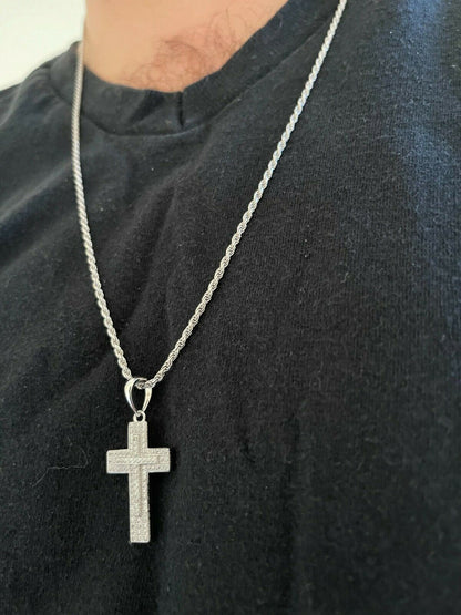 925 Sterling Silver Cross Pendant Necklace Iced MOISSANITE Passes Diamond Tester