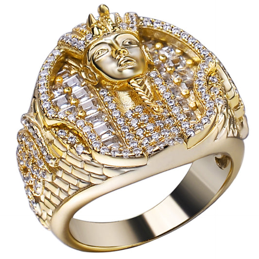 Ancient King Tut Iced Out Ring - 14k Gold Vermeil 925 Silver - CZ Stones