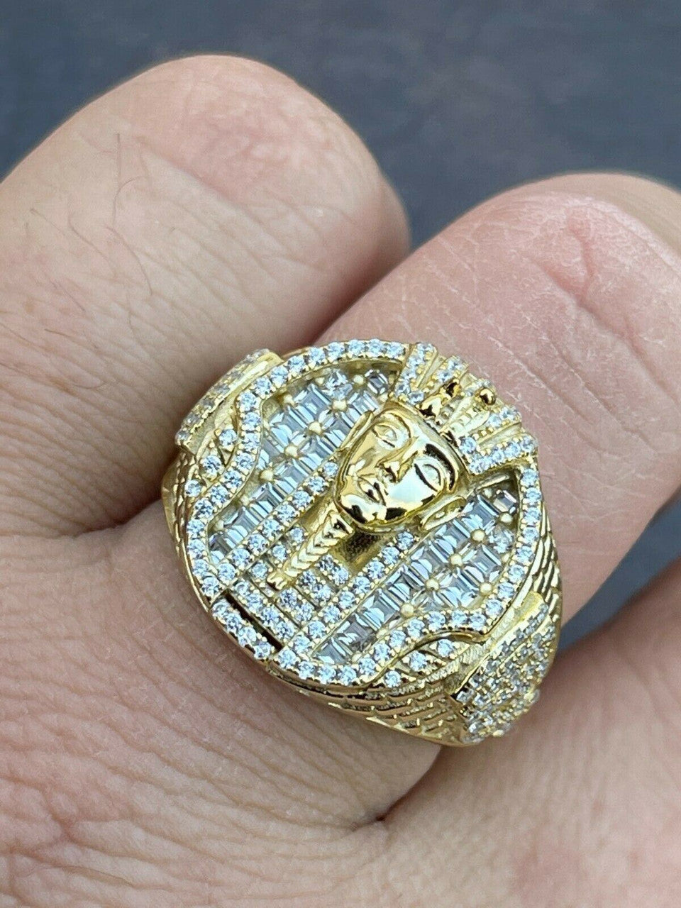 Ancient King Tut Iced Out Ring - 14k Gold Vermeil 925 Silver - CZ Stones