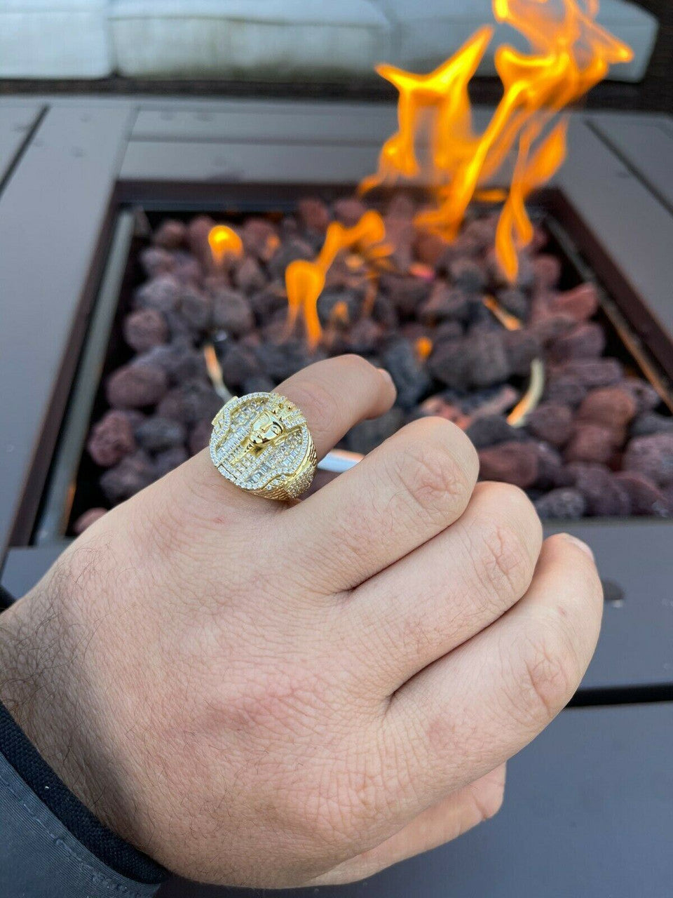 Ancient King Tut Iced Out Ring - 14k Gold Vermeil 925 Silver - CZ Stones