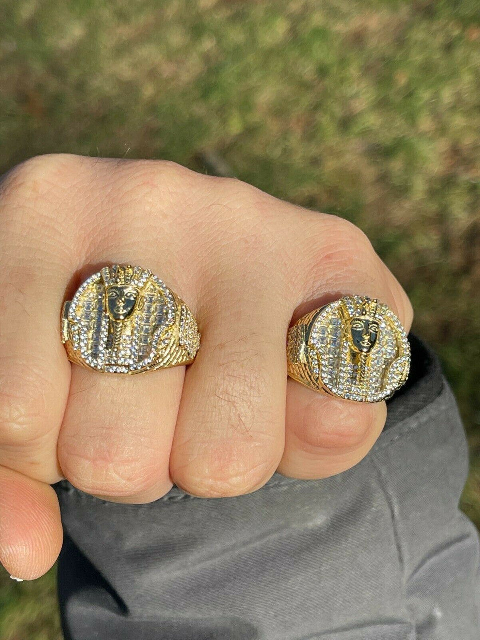 Ancient King Tut Iced Out Ring - 14k Gold Vermeil 925 Silver - CZ Stones