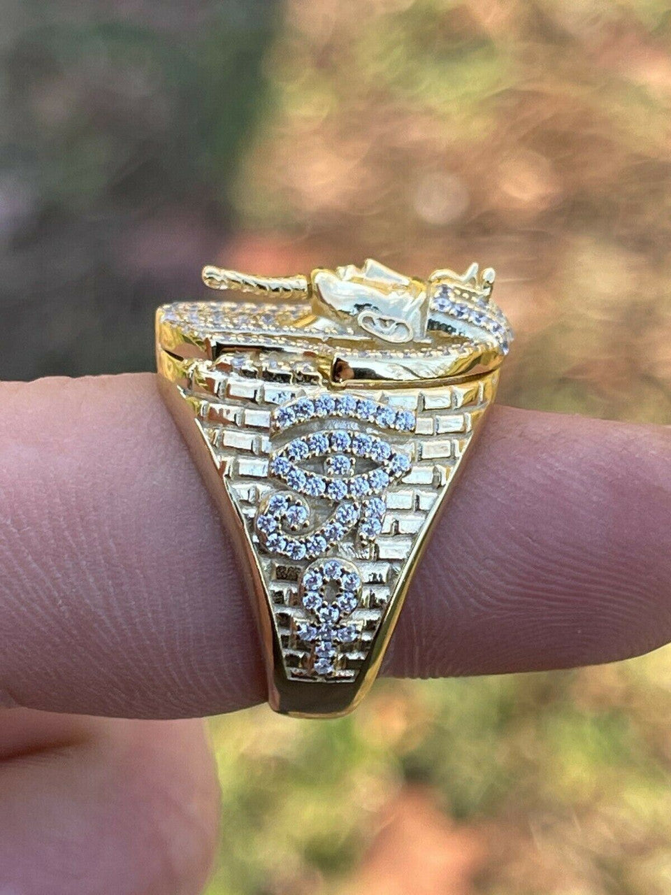 Ancient King Tut Iced Out Ring - 14k Gold Vermeil 925 Silver - CZ Stones