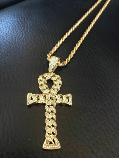 Ankh Cuban Link Cross 14k Gold Solid 925 Sterling Silver Pendant 1ct Man Diamond