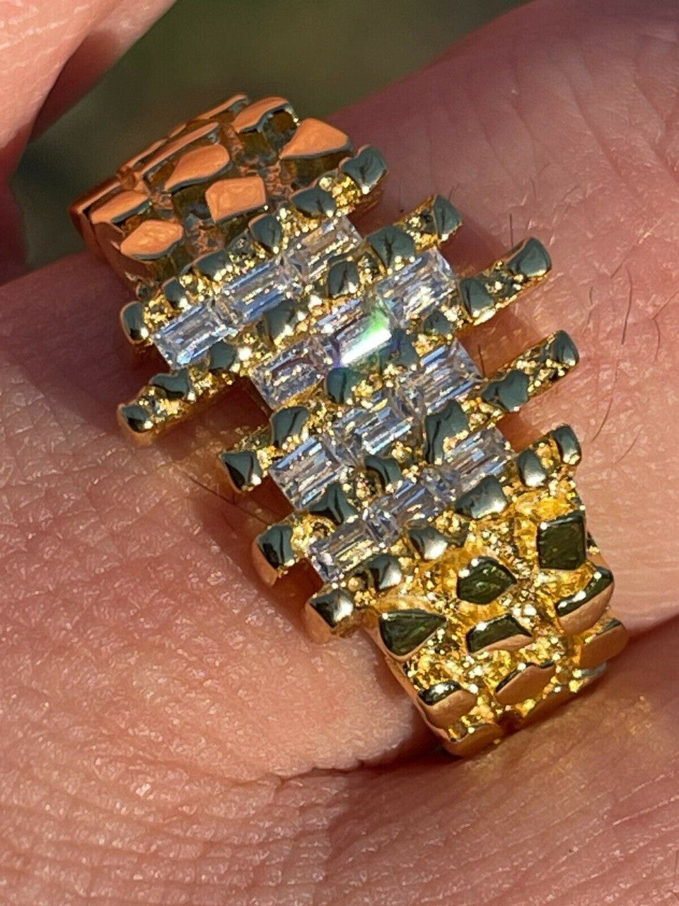 DNA Gold Nugget Ring - 14k Gold Vermeil 925 Silver - CZ Stones