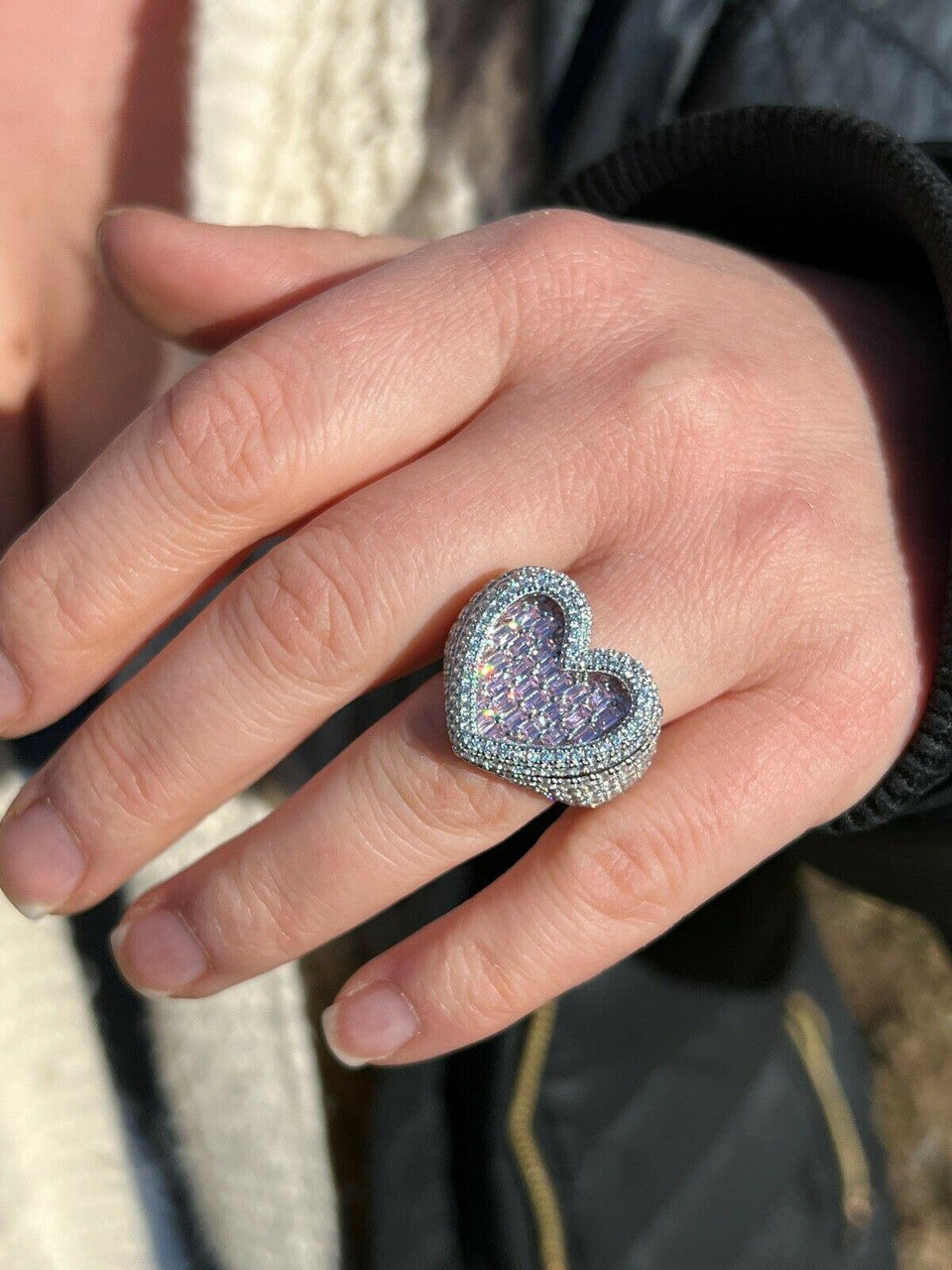 Pink Heart Iced Out Ring - 925 Silver - Pink Baguette & Round CZ Stones