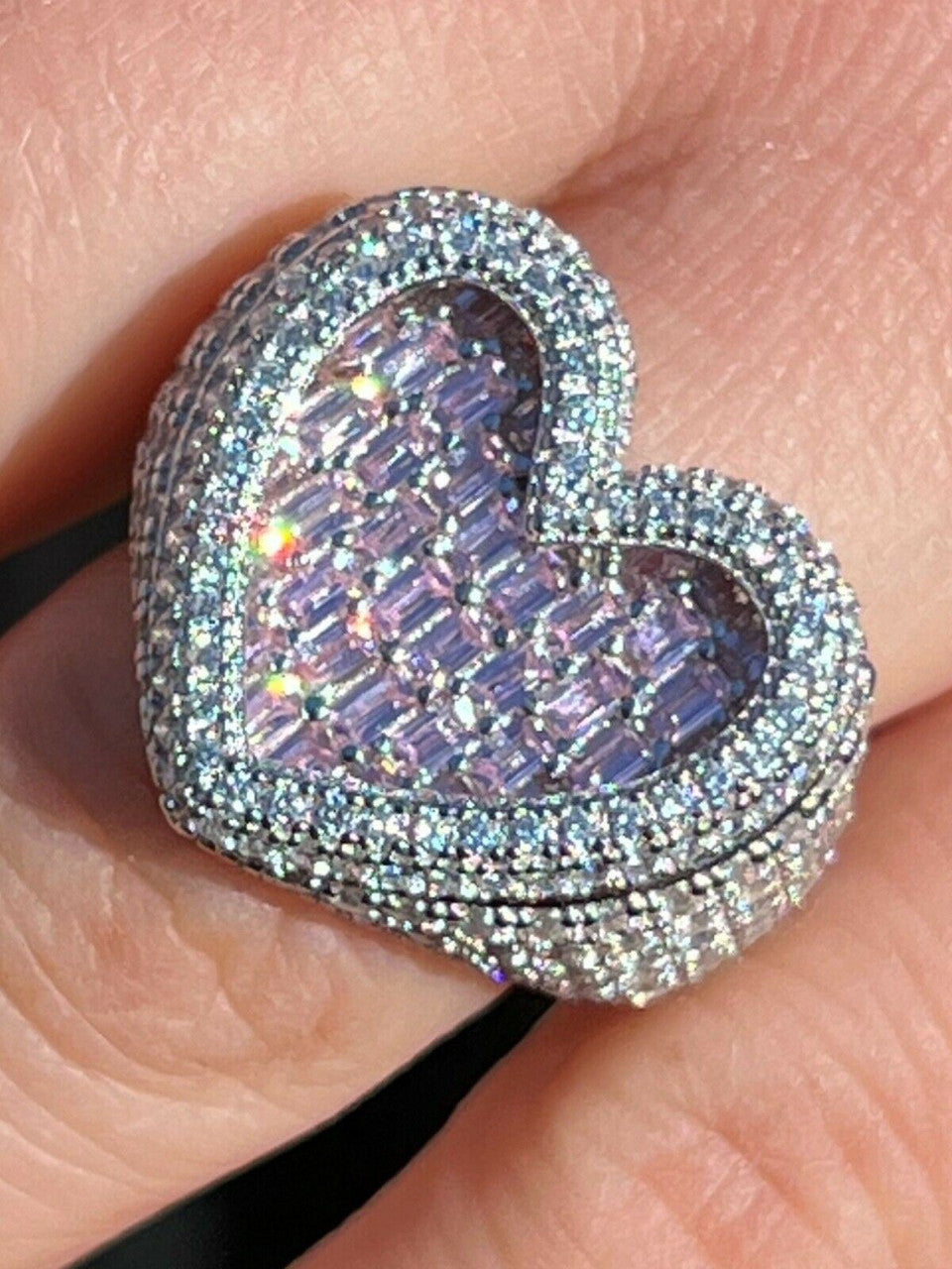 Pink Heart Iced Out Ring - 925 Silver - Pink Baguette & Round CZ Stones