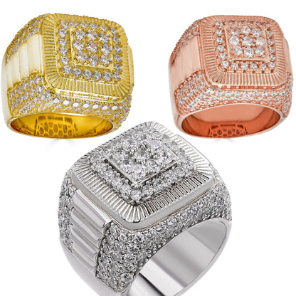 Heavy Square Iced Out Ring - 14k Yellow/Rose/White Gold Vermeil 925 Silver - CZ Stones