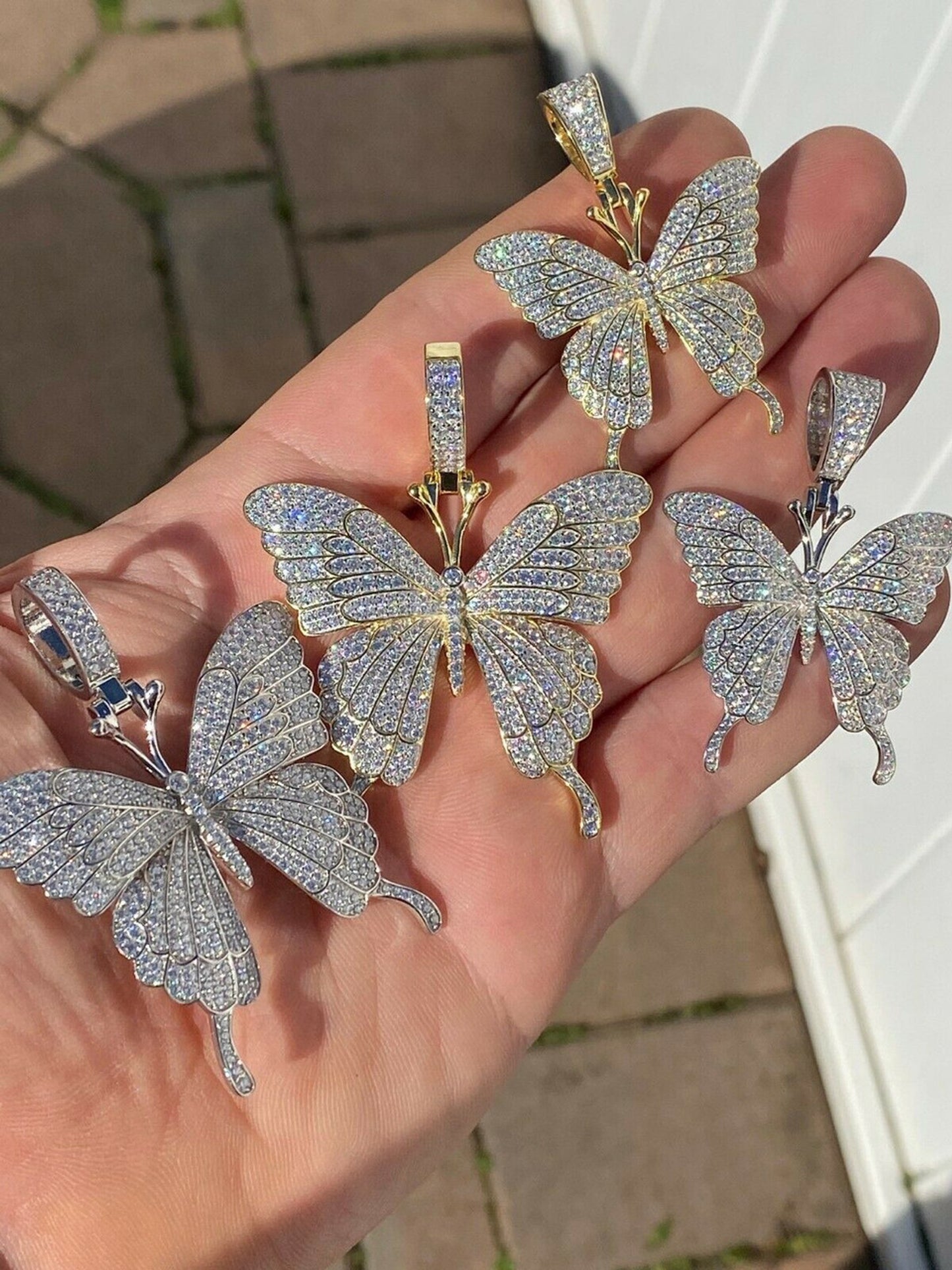 Hip Hop Butterfly Piece - Mens Ladies Iced Real 925 Silver Gold Finish Necklace