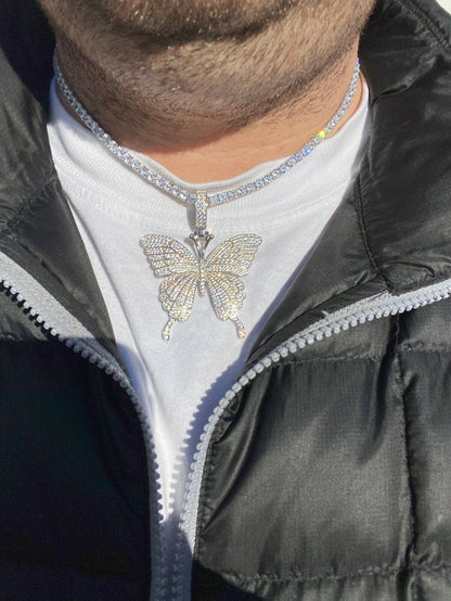Hip Hop Butterfly Piece - Mens Ladies Iced Real 925 Silver Gold Finish Necklace