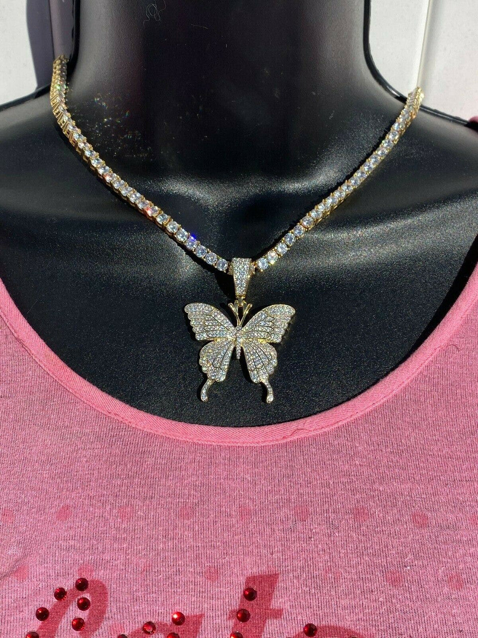 Hip Hop Butterfly Piece - Mens Ladies Iced Real 925 Silver Gold Finish Necklace