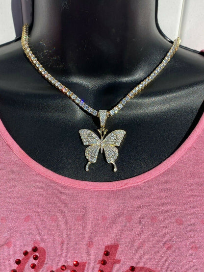 Hip Hop Butterfly Piece - Mens Ladies Iced Real 925 Silver Gold Finish Necklace