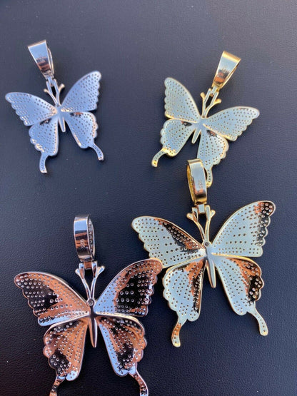 Hip Hop Butterfly Piece - Mens Ladies Iced Real 925 Silver Gold Finish Necklace