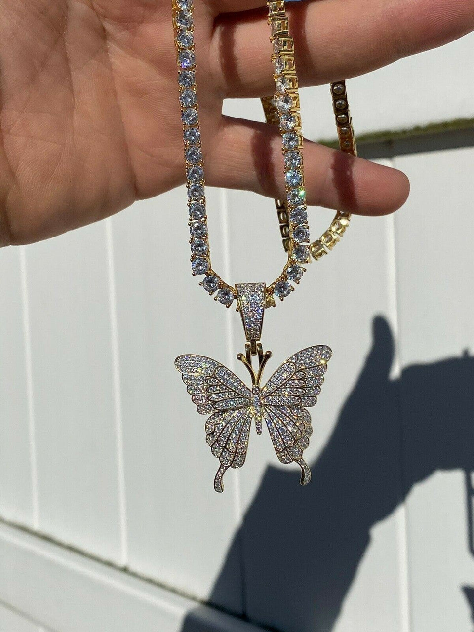 Hip Hop Butterfly Piece - Mens Ladies Iced Real 925 Silver Gold Finish Necklace