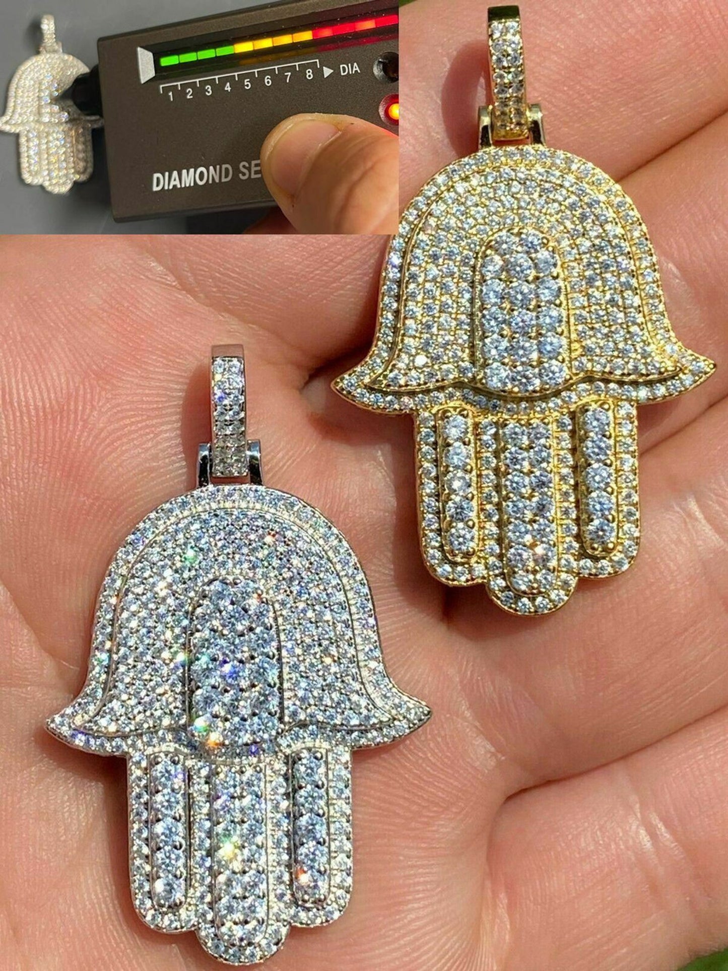 Hip Hop Hamsa Hand Pendant Iced Moissanite Pass Diamond Tester Necklace Gold