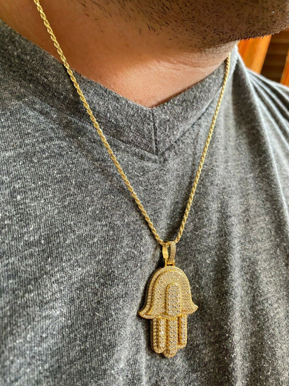 Hip Hop Hamsa Hand Pendant Iced Moissanite Pass Diamond Tester Necklace Gold