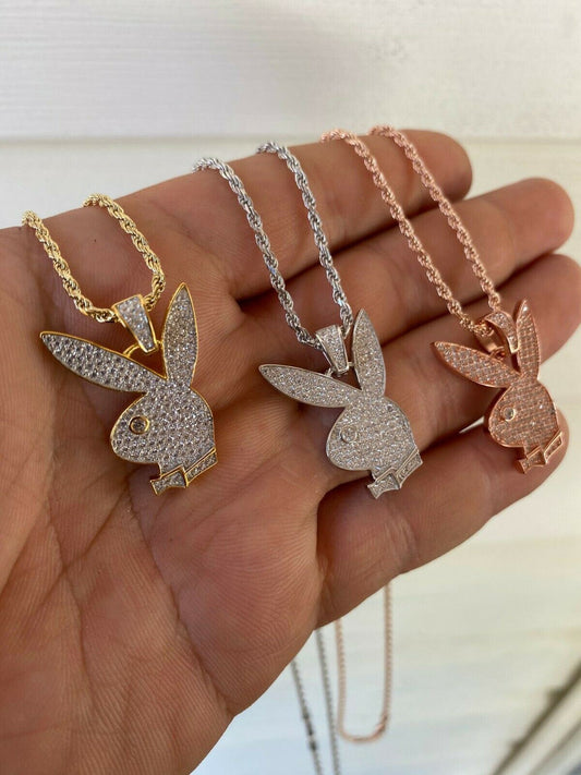 Hip Hop Playboy Bunny Pendant - Iced Diamond Real 925 Silver Gold Rose Necklace