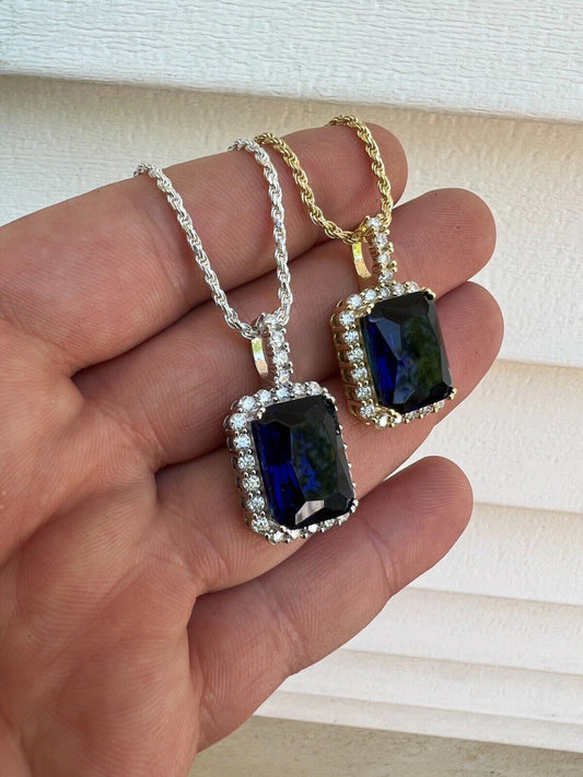 Iced Moissanite & Simulated Sapphire Stone Pendant Necklace Pass Diamond Test