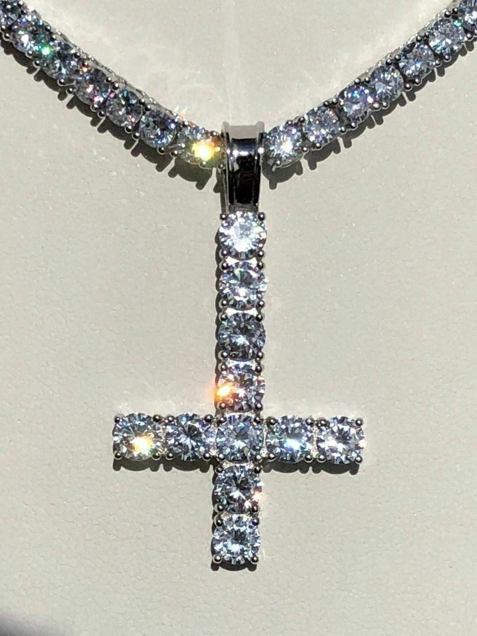Inverted Cross Upside Down Real Solid 925 Sterling Silver Tennis Chain Diamond