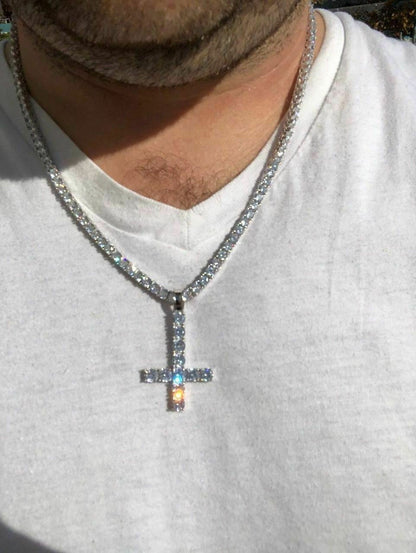 Inverted Cross Upside Down Real Solid 925 Sterling Silver Tennis Chain Diamond