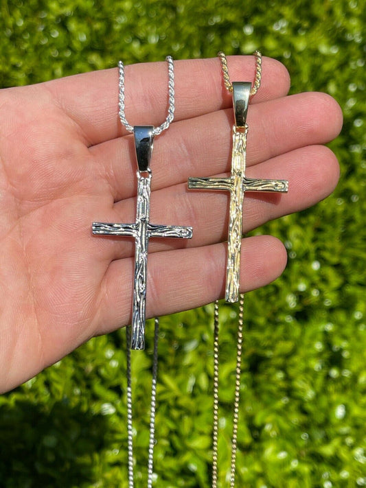 Large 2" Men's Plain Cross Pendant Solid 925 Sterling Silver / 14k Gold Necklace