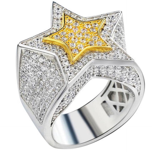 MOISSANITE Double Superstar Rapper Ring - 925 Silver Two Tone W. Gold