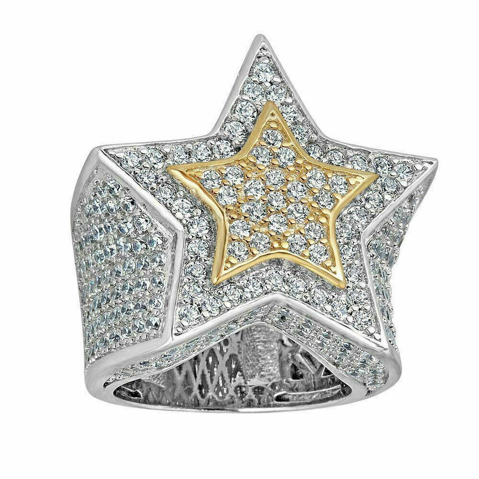 MOISSANITE Double Superstar Rapper Ring - 925 Silver Two Tone W. Gold