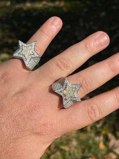 MOISSANITE Double Superstar Rapper Ring - 925 Silver Two Tone W. Gold