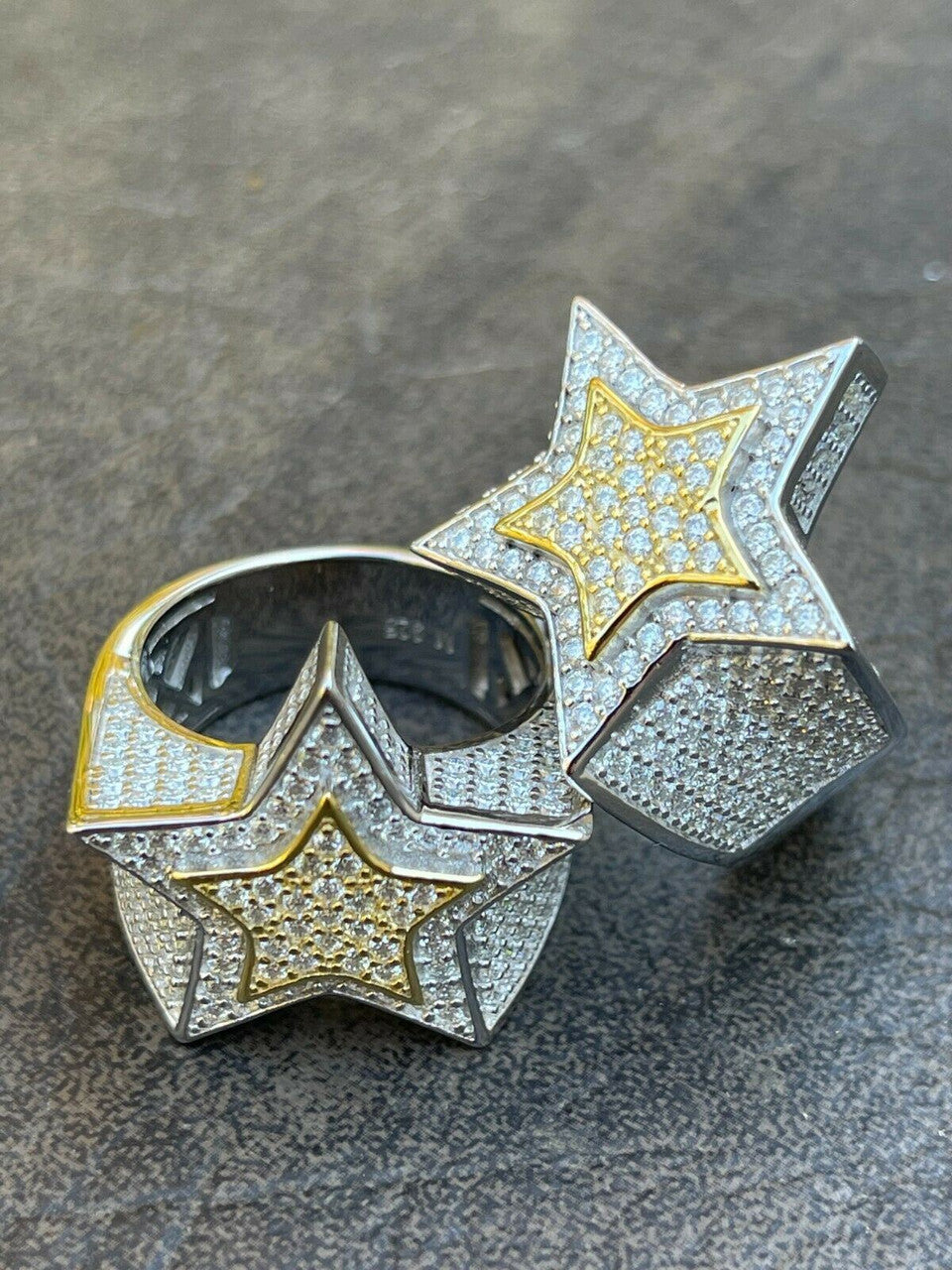 MOISSANITE Double Superstar Rapper Ring - 925 Silver Two Tone W. Gold