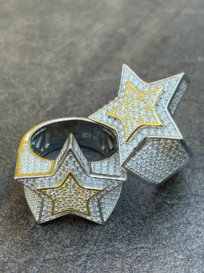 MOISSANITE Double Superstar Rapper Ring - 925 Silver Two Tone W. Gold