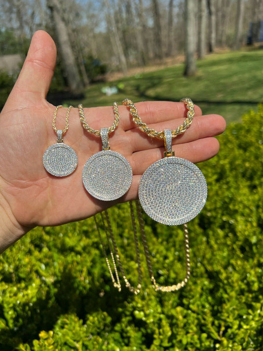 MOISSANITE Gold Vermeil Out Iced Round HipHop Pendant Necklace Pass Diamond Test