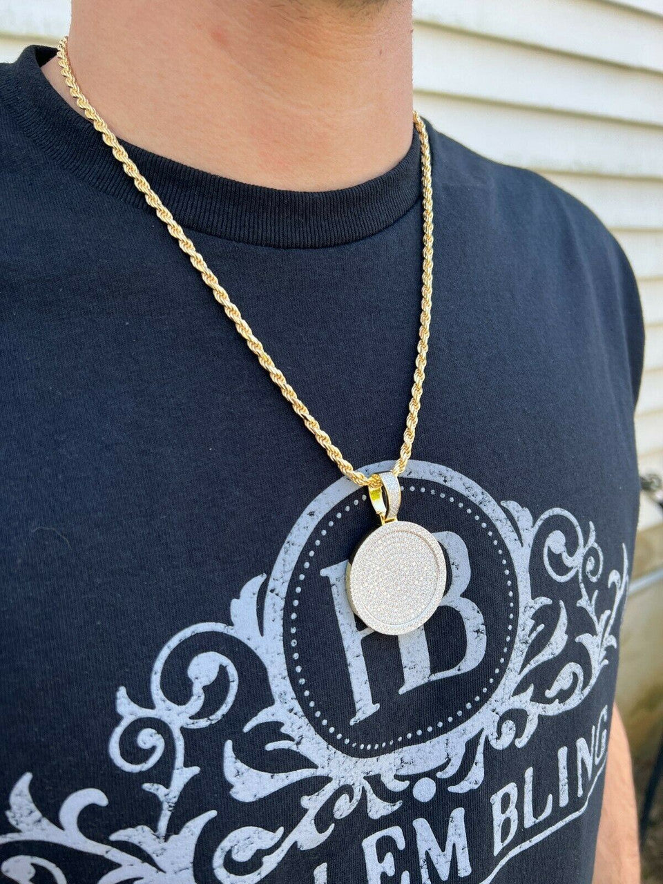 MOISSANITE Gold Vermeil Out Iced Round HipHop Pendant Necklace Pass Diamond Test