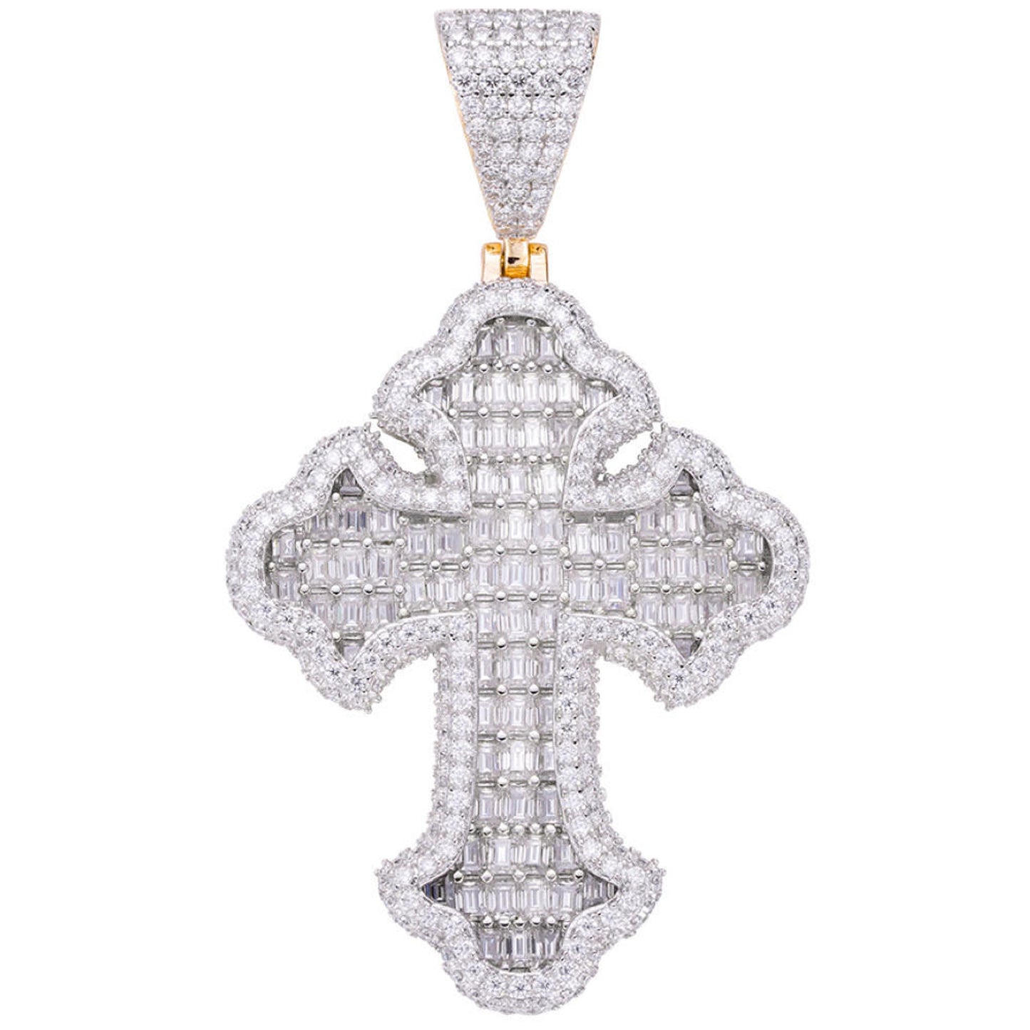 MOISSANITE Gothic Tupac Cross Pendant Iced Baguette Necklace 14k Gold Vermeil 925 Silver