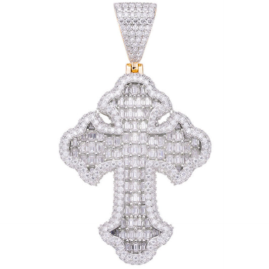 MOISSANITE Gothic Tupac Cross Pendant Iced Baguette Necklace 14k Gold Vermeil 925 Silver