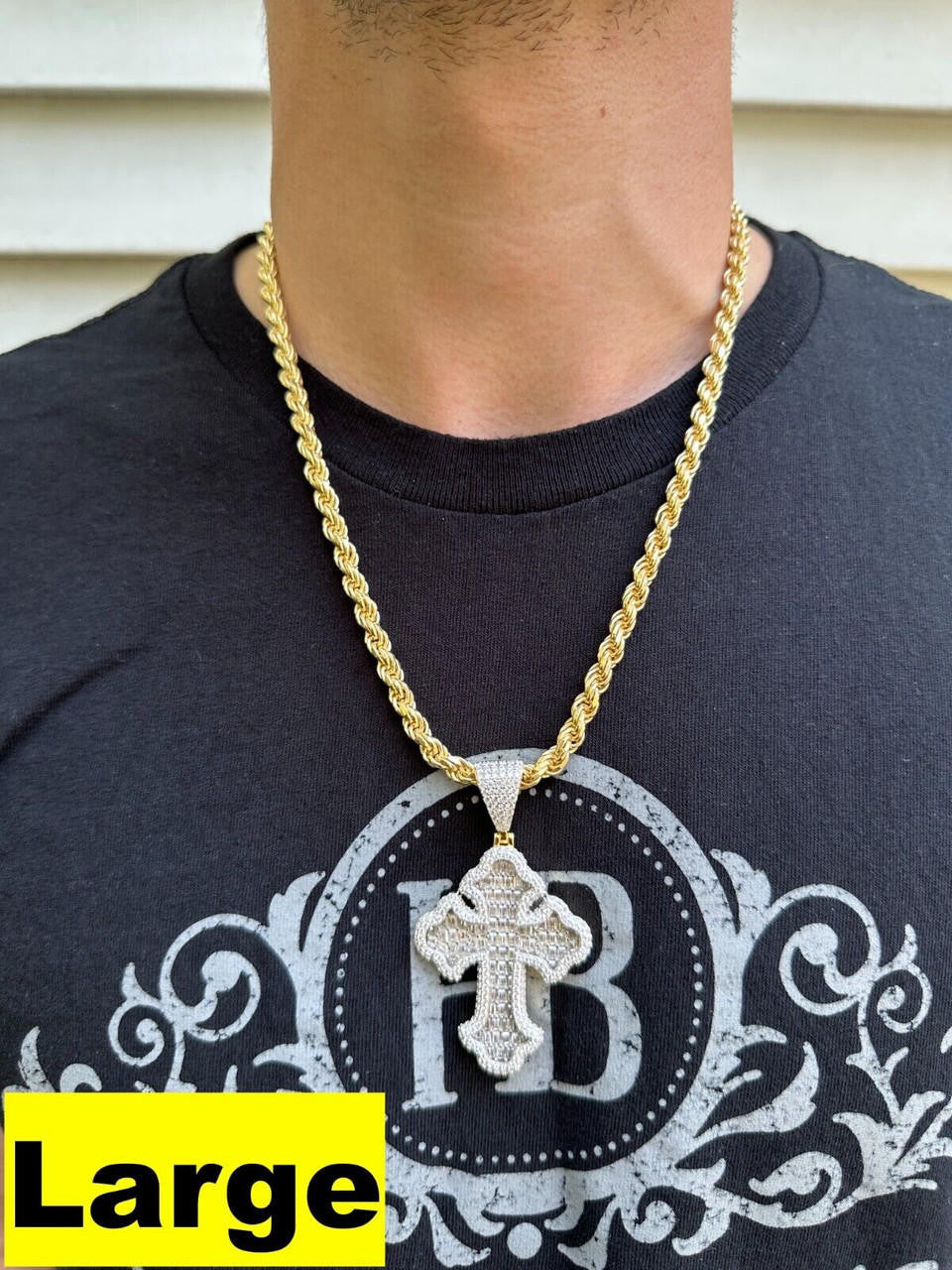 MOISSANITE Gothic Tupac Cross Pendant Iced Baguette Necklace 14k Gold Vermeil 925 Silver